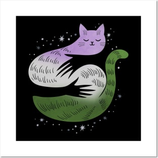 Genderqueer Cat Hug LGBT Pride Flag Posters and Art